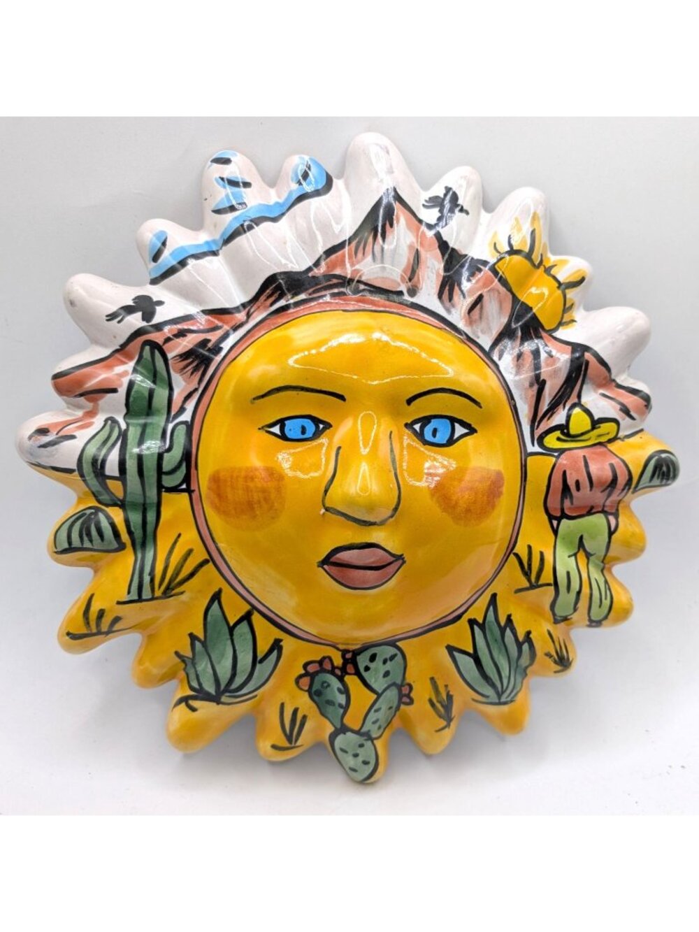 Mexican Talavera Ceramic Sun Face Wall Art Hand-Painted Southwest Design 12-Inch - Picture 5 of 5